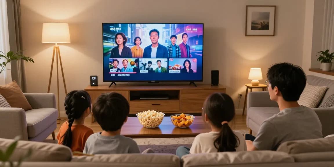 티비위키를 통해 가족이 모여 TV를 시청하는 따뜻한 거실 장면