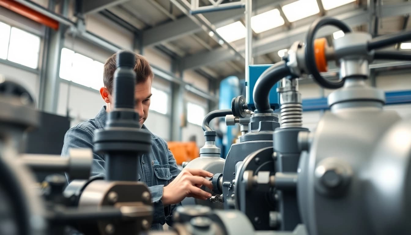 Technician conducting hydraulic pump services inspection in an industrial workshop.