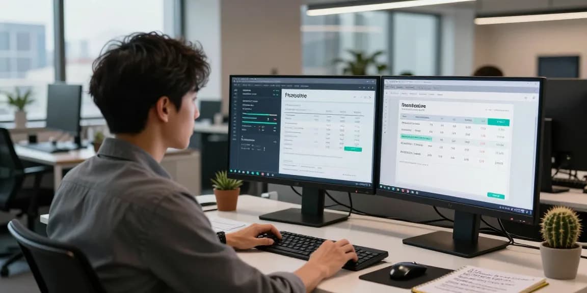 Cybersecurity analyst detecting fraud invoice using AI technology in a modern office.