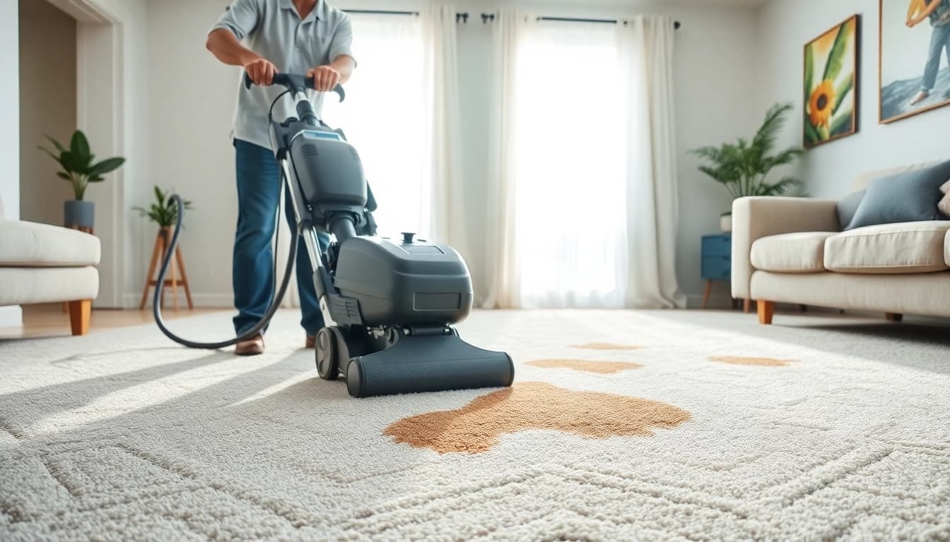 Finding the best carpet cleaners near me as a professional cleans a vibrant living room carpet.
