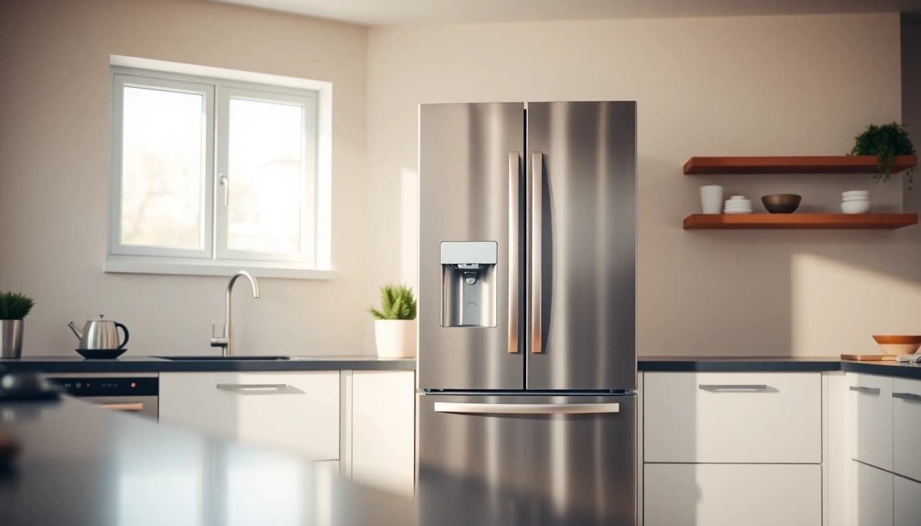 Sleek Refrigerator in a modern kitchen highlighting advanced features and bright ambiance.