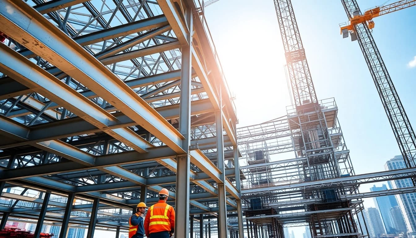 Showcasing a steel structure design in an urban construction scene with skilled workers and intricate frameworks.
