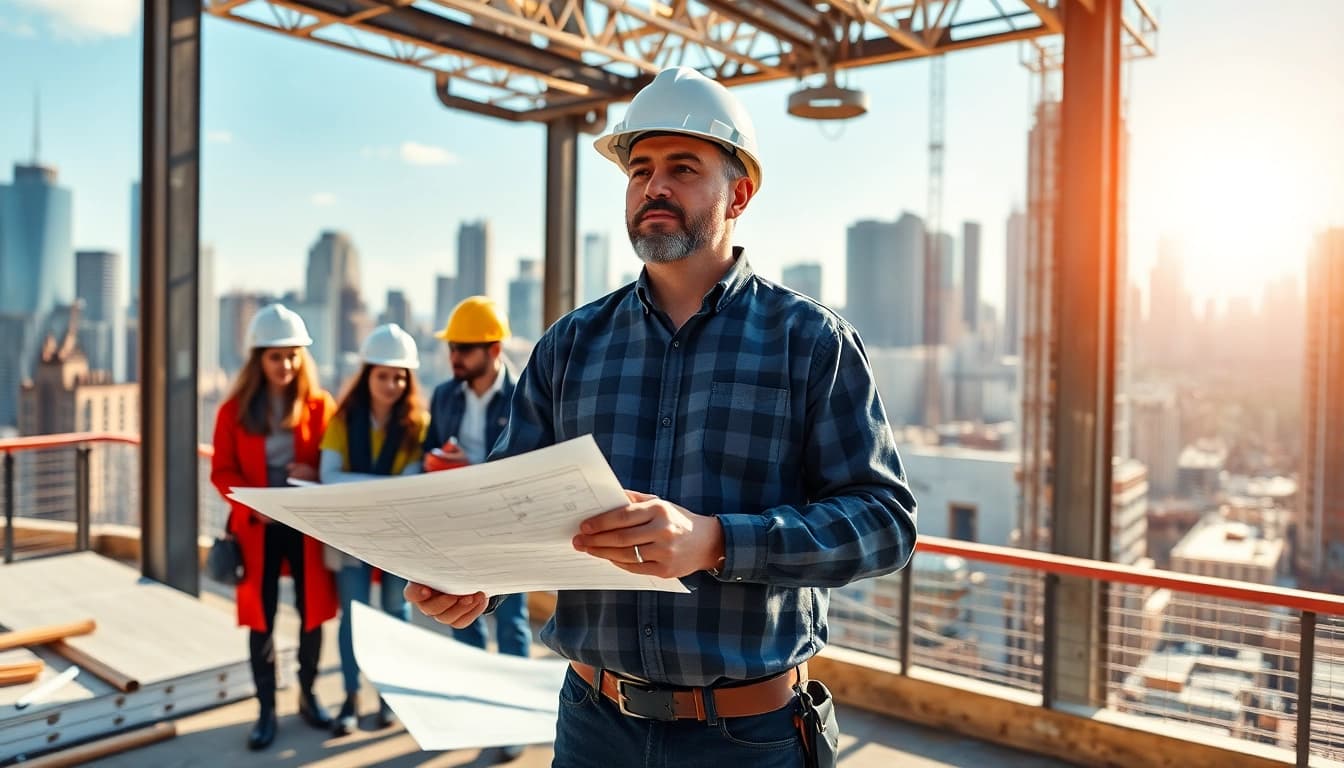 New York General Contractor leading a diverse team on a bustling construction site.
