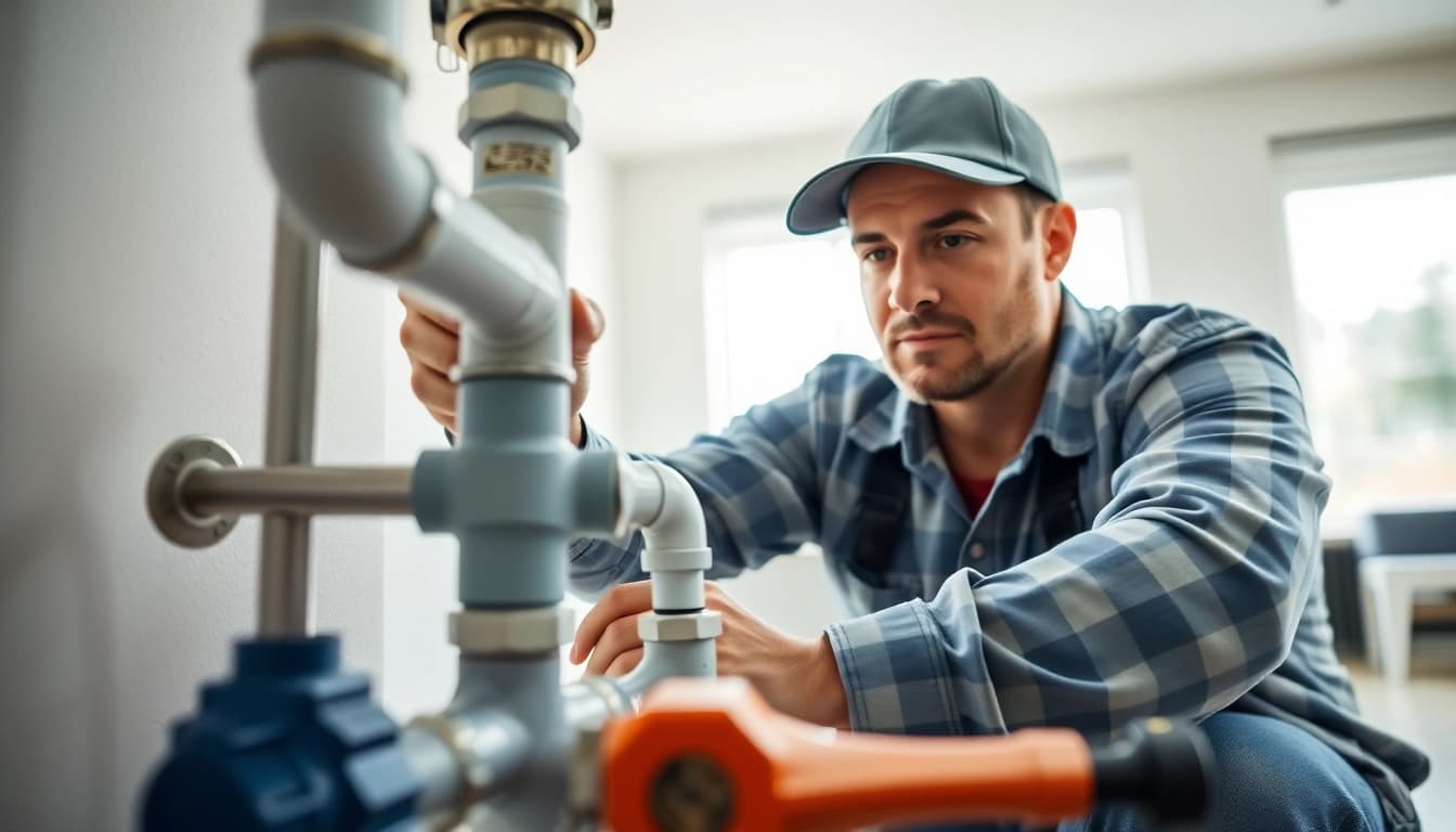 Plumber in North Vancouver fixing plumbing issues with tools in a home setting.