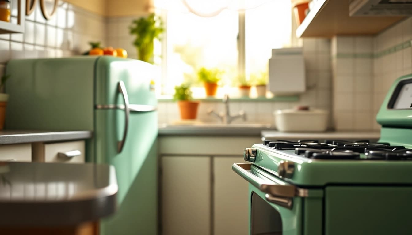 Showcasing retro appliances like a mint-green refrigerator in a nostalgic kitchen.