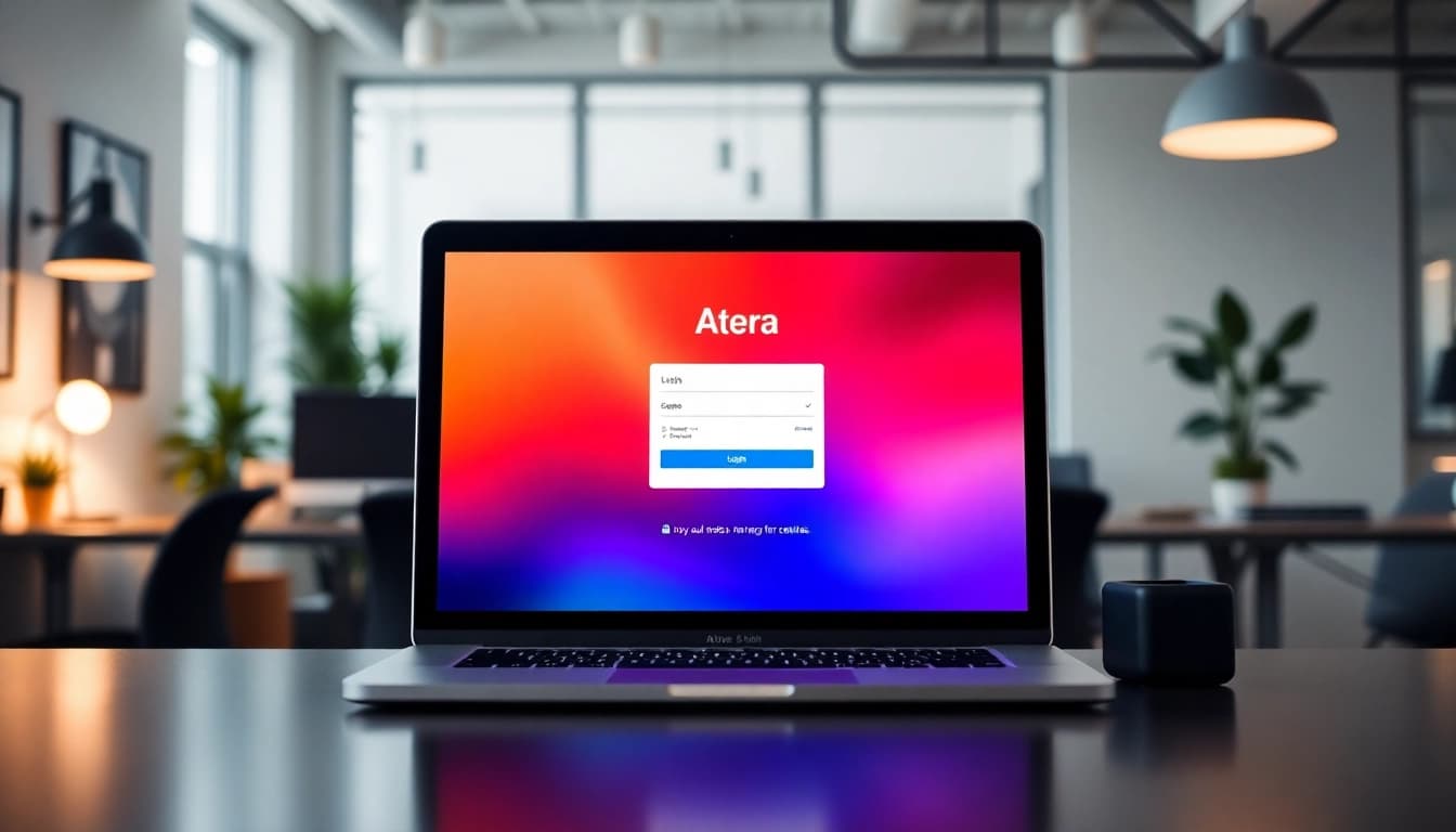 Atera login screen showcasing secure access procedures on a modern laptop.