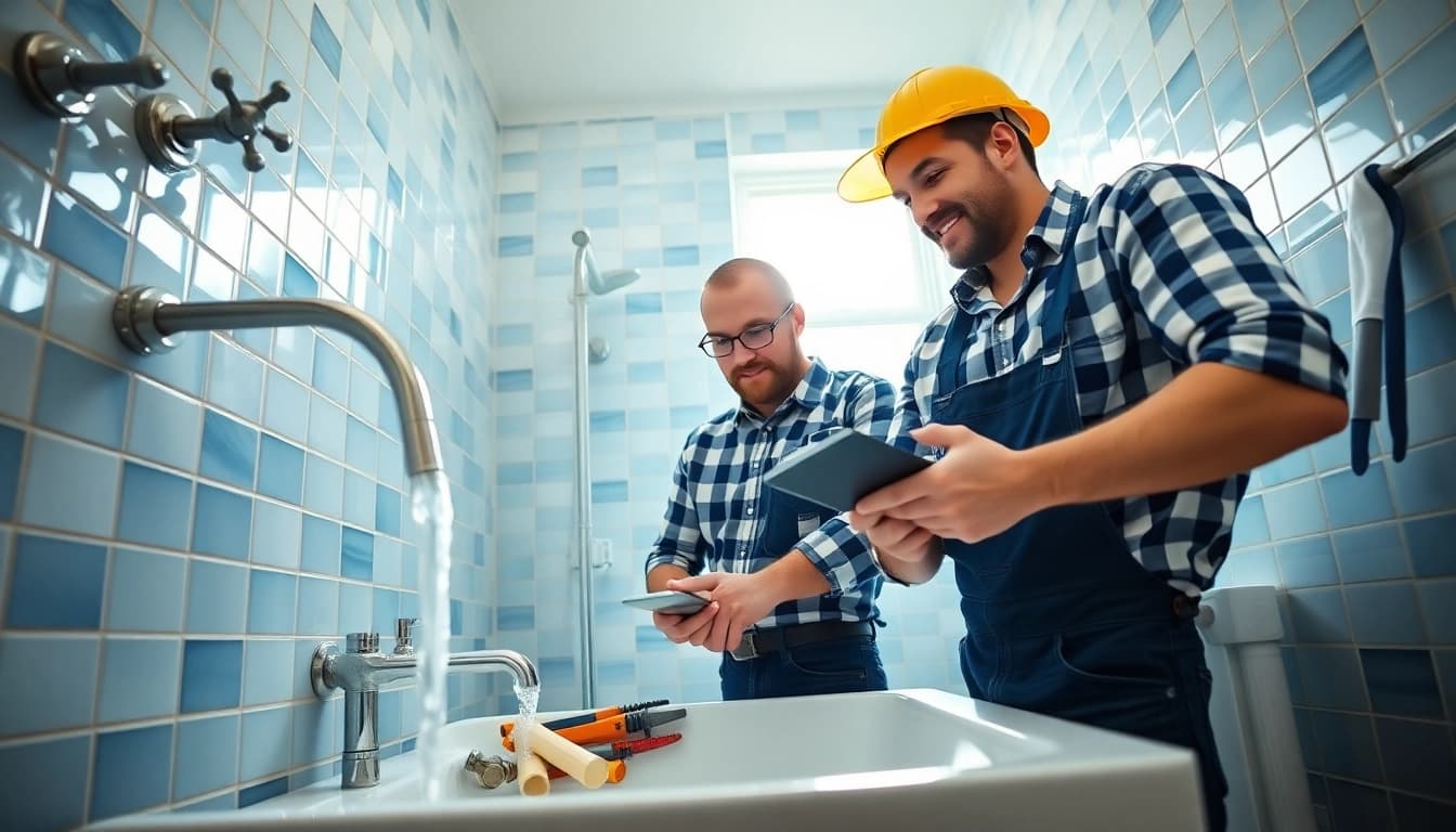 Skilled plumbers and tilers working together on a home renovation project.