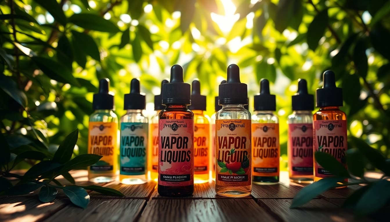 Eine Auswahl an flüssigen Vape-Flaschen zeigt verschiedene Geschmäcker.