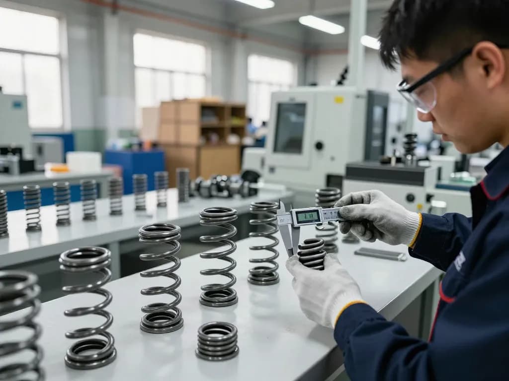 Tehnician inspectând arcuri de oțel pe linia de producție.