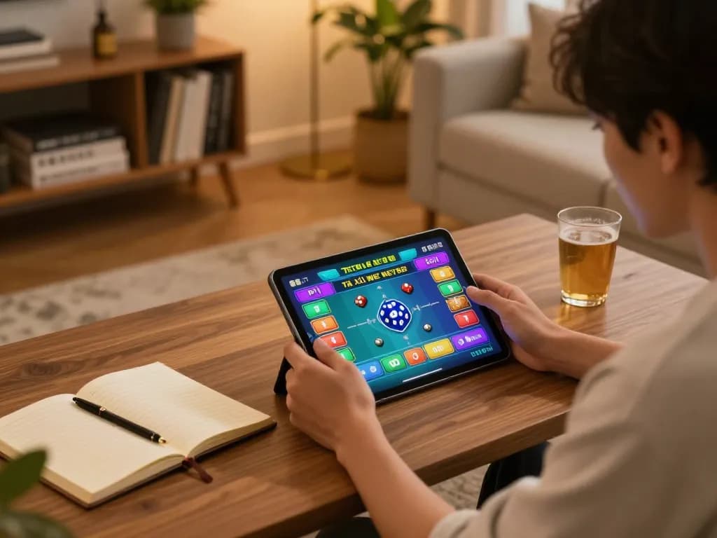 Tài xỉu NET88 gameplay displayed on a tablet, person engaging in strategic betting in a warm, cozy home setting