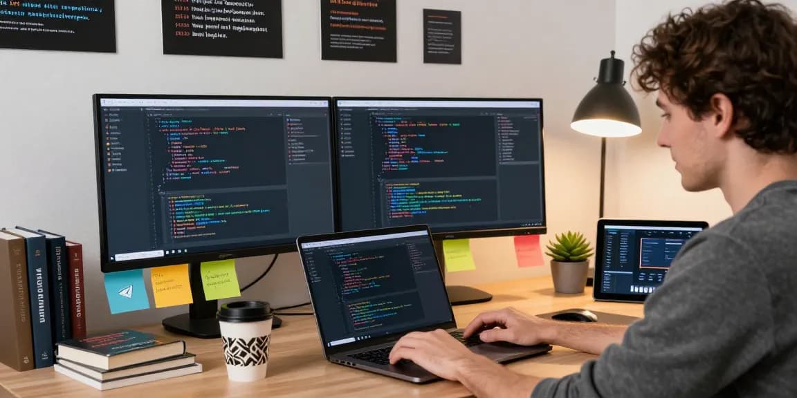 纸飞机下载 tech workspace with developer coding on dual monitors, showcasing Telegram app.