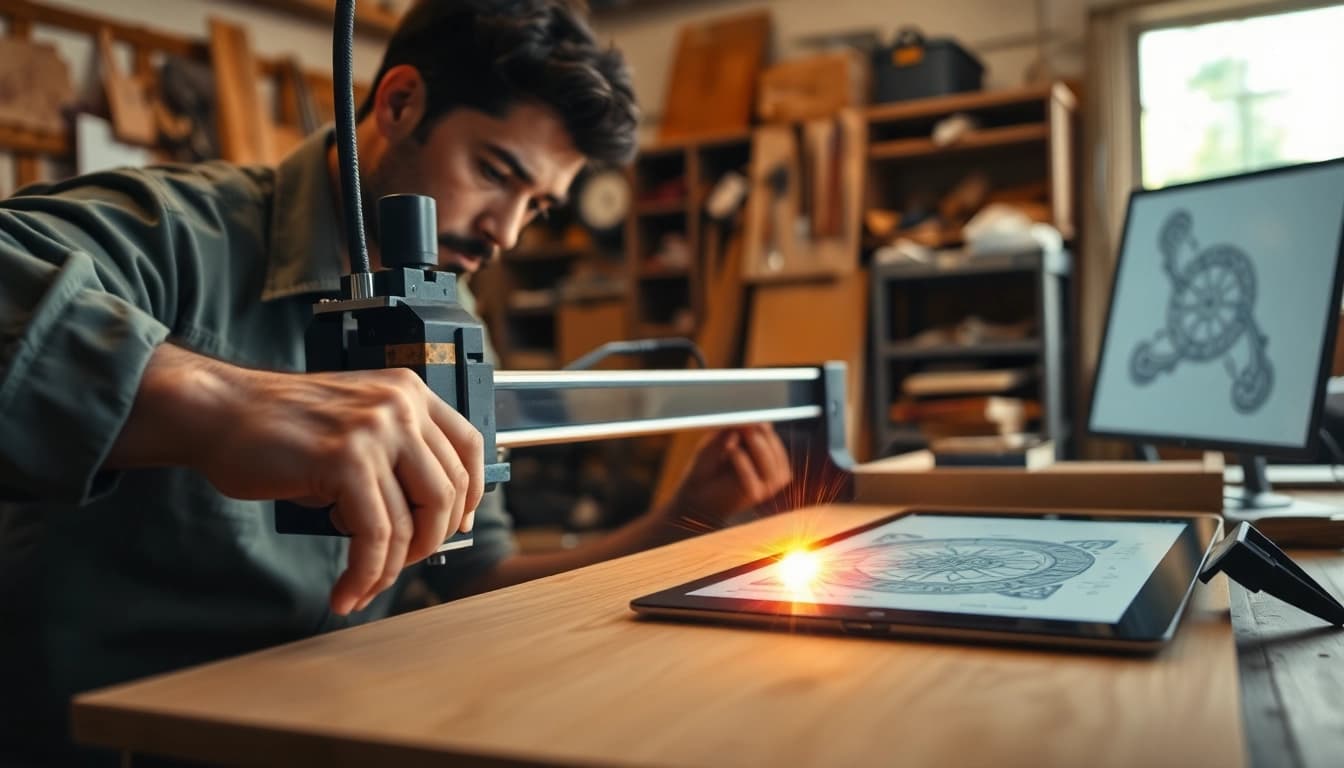 Focus on dxf file for laser cutting in a professional workspace with laser cutter and glowing beam.
