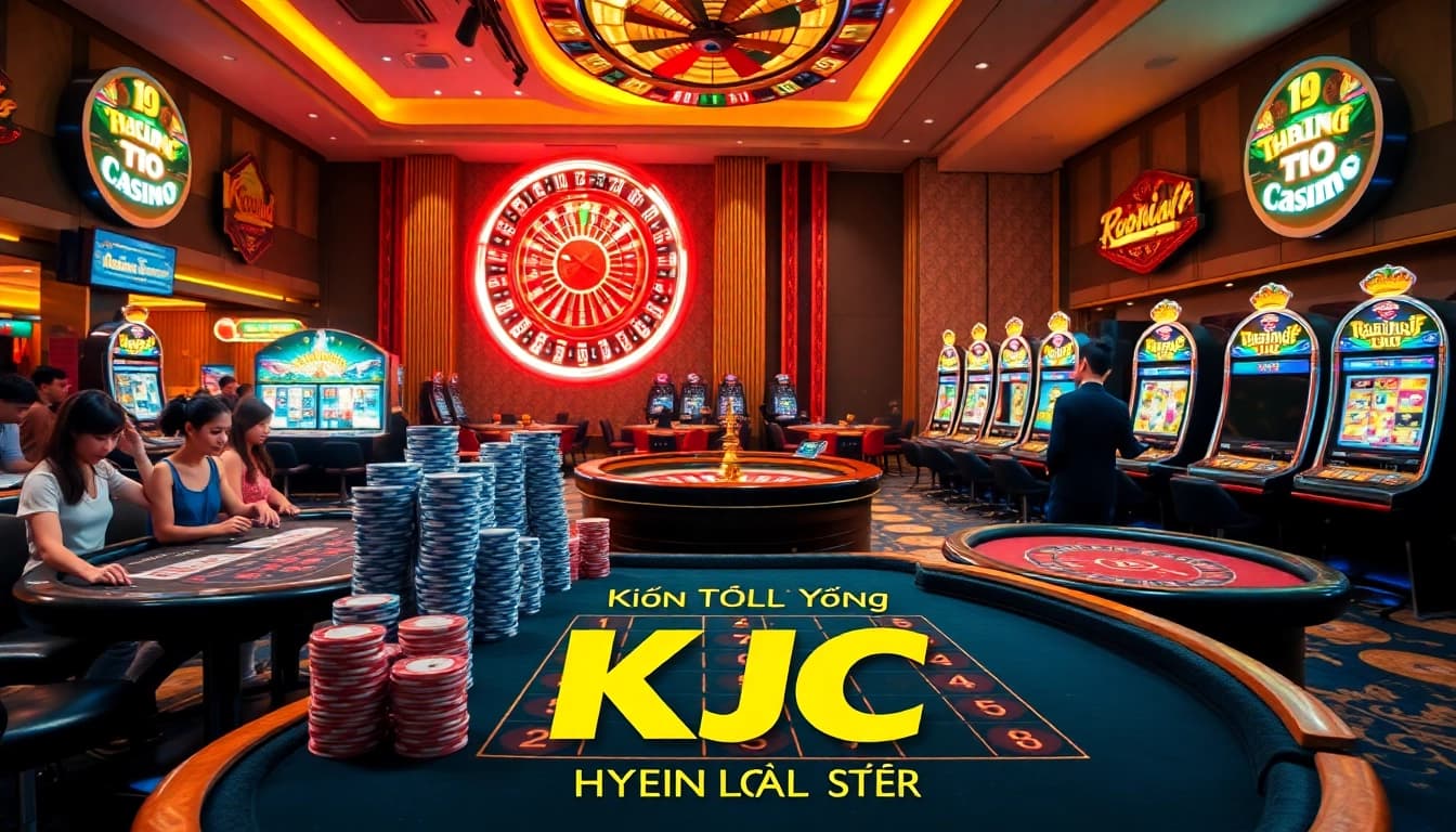 Exciting casino atmosphere showcasing KJC AC 2 elements with tables, cards, and vibrant slot machines.