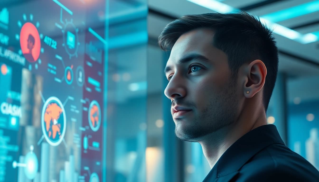 Engaging visual of Human Interface with AI in a tech workspace, showcasing interaction dynamics.