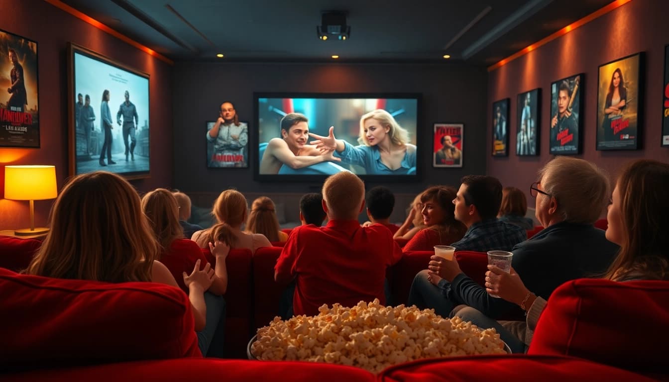 People enjoying a home theater experience while watching หนังออนไลน์, surrounded by cozy decorations and inviting lighting.