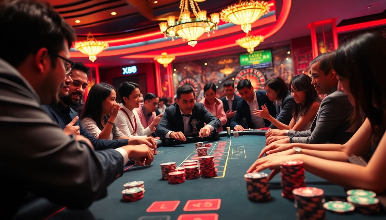 Experience the thrill of the game at nhà cái xx88 with players engaged at a lively casino table, surrounded by vibrant poker chips and cards.