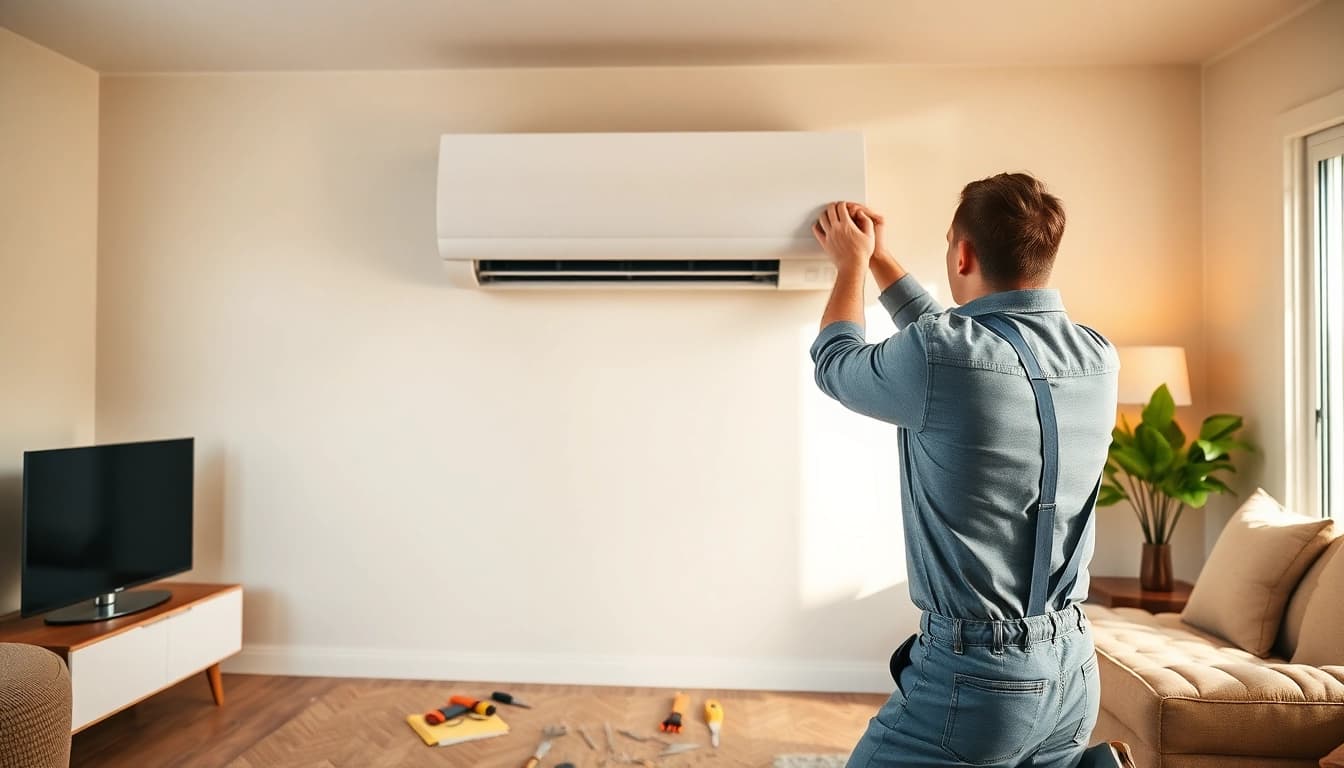 Technician installing a mitsubishi mini split ac system in a modern living room.