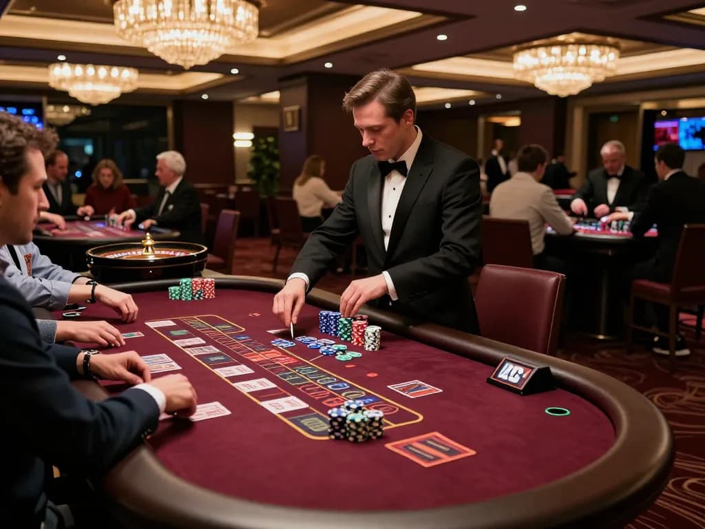 Players enjoy high stakes at 8kbetbh casino tables during an exciting gaming session.