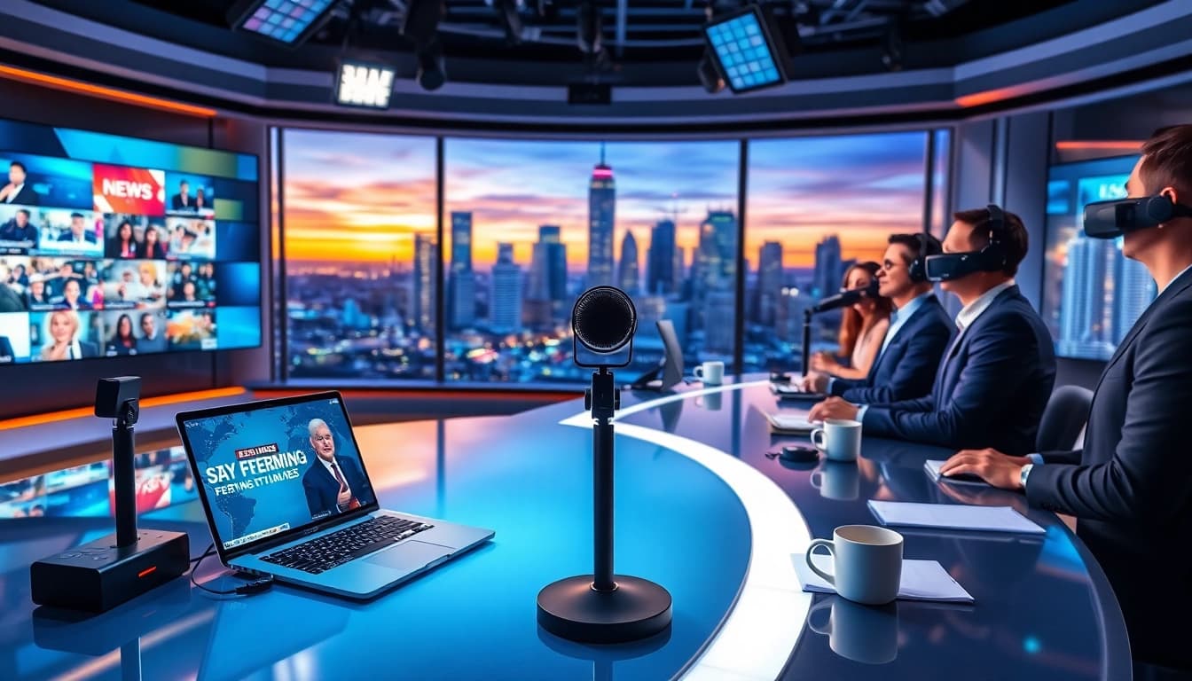 Journalists report breaking News in a modern newsroom with energetic atmosphere.