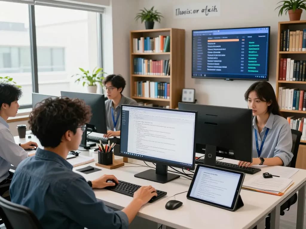 团队在现代翻译办公室环境中协作使用有道翻译软件，展现基于AI的翻译技术。