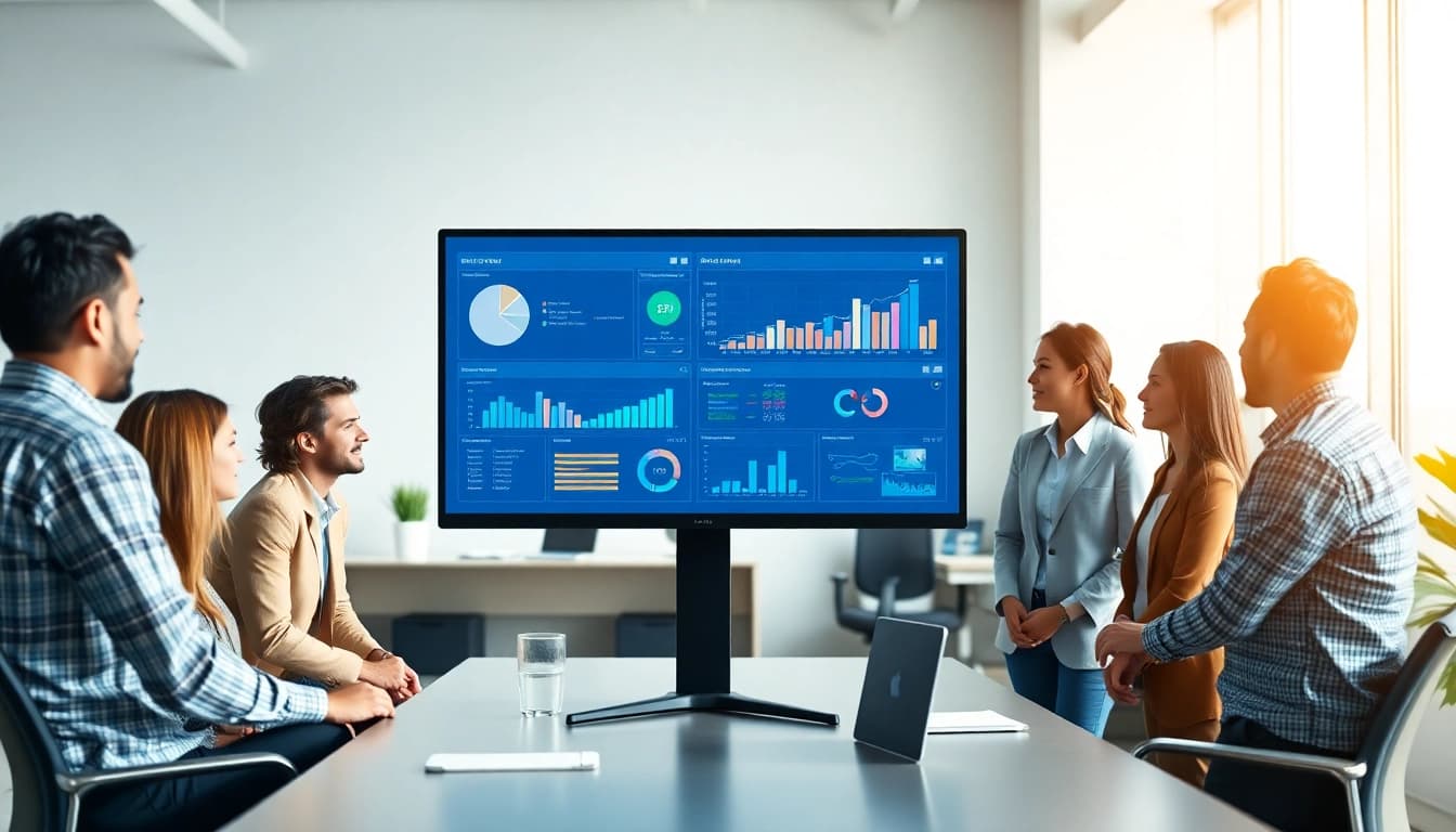 Team collaborating using an AI enterprise assistant in a modern office