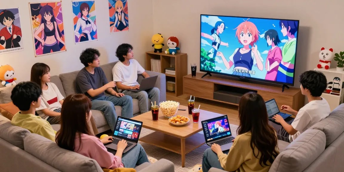 Komunitas animeplay menonton anime bersama di ruang tamu dengan suasana hangat.