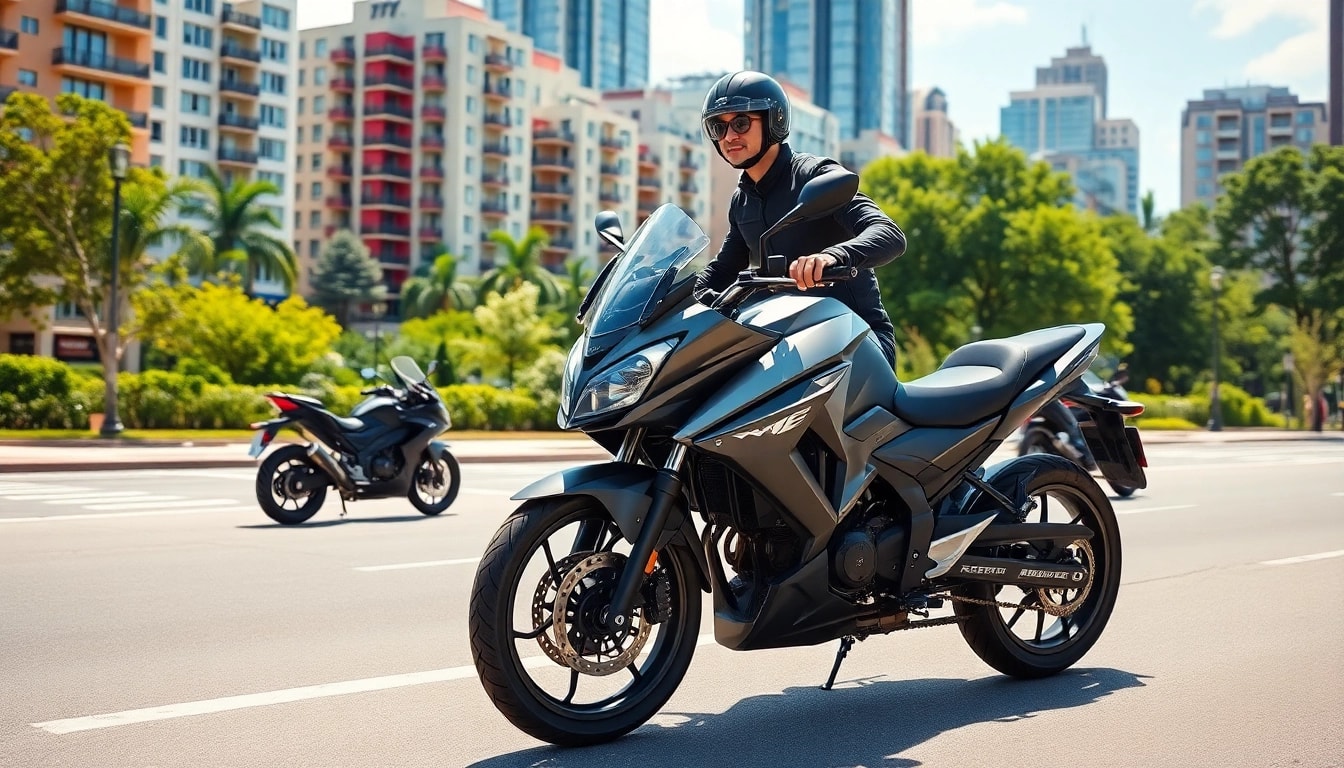 Showcasing 125cc and 250cc beginner motorcycles with riders in an urban landscape.