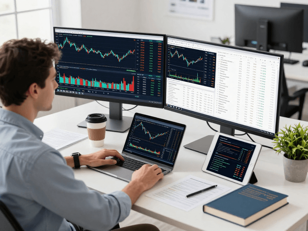 TradingView analytical workspace with charts, data monitors, and a focused financial analyst in a professional setting.