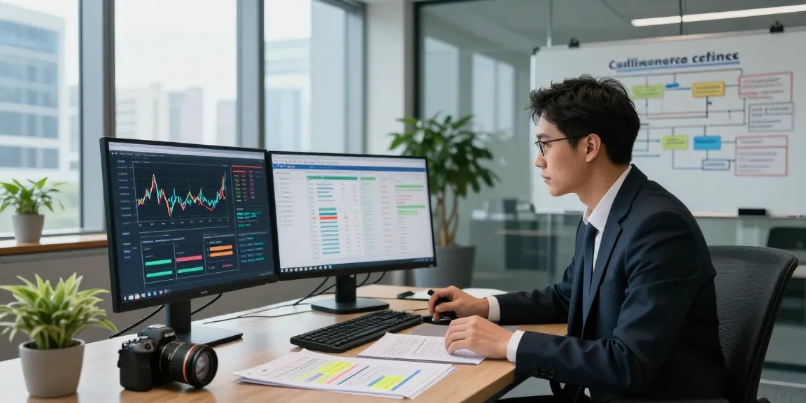 Analyst reviewing financial crime intelligence data analysis in a modern office.