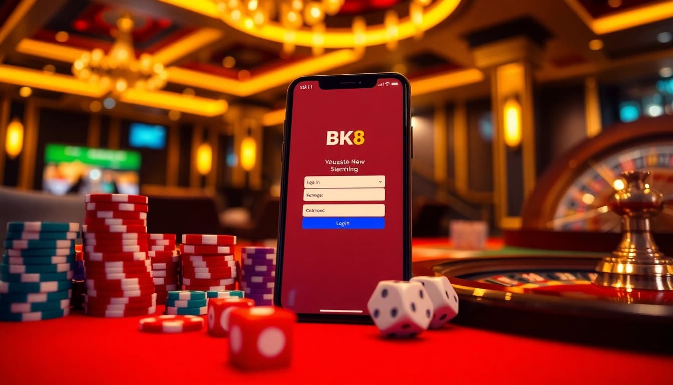 Experience seamless BK8 login at a vibrant casino scene with chips and roulette.
