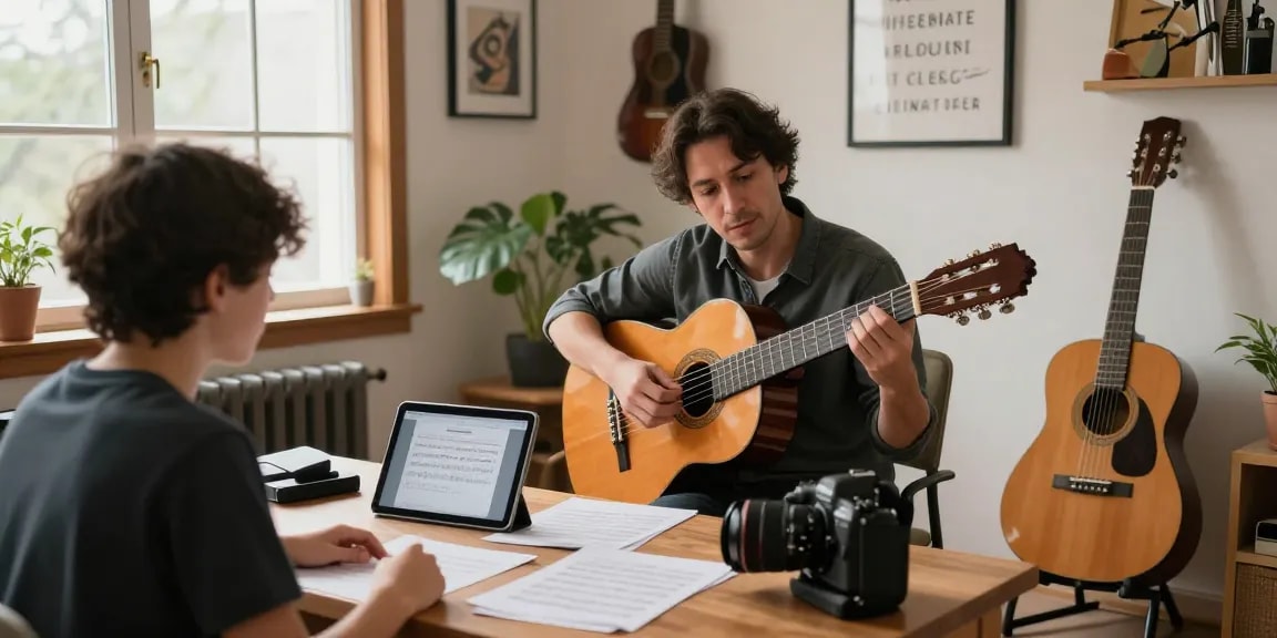 Engaging online guitar lessons with a certified guitar coach online in a cozy studio.