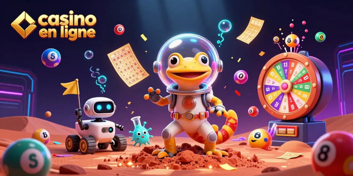 Jouez à des casinos en ligne avec cette illustration vibrante et dynamique de personnages extraterrestres.