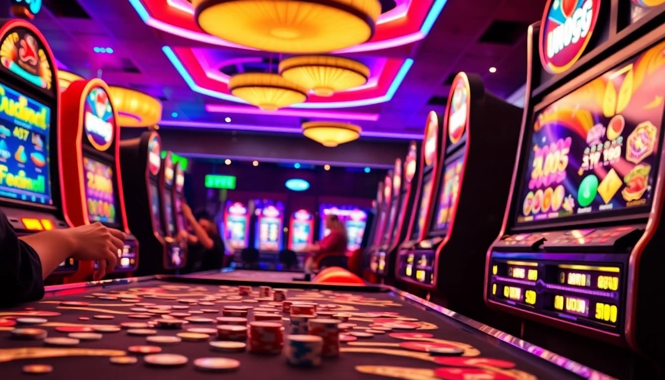 Memenangkan permainan Unogg slot game dengan atmosfer kasino yang ramai dan slot berwarna-warni.