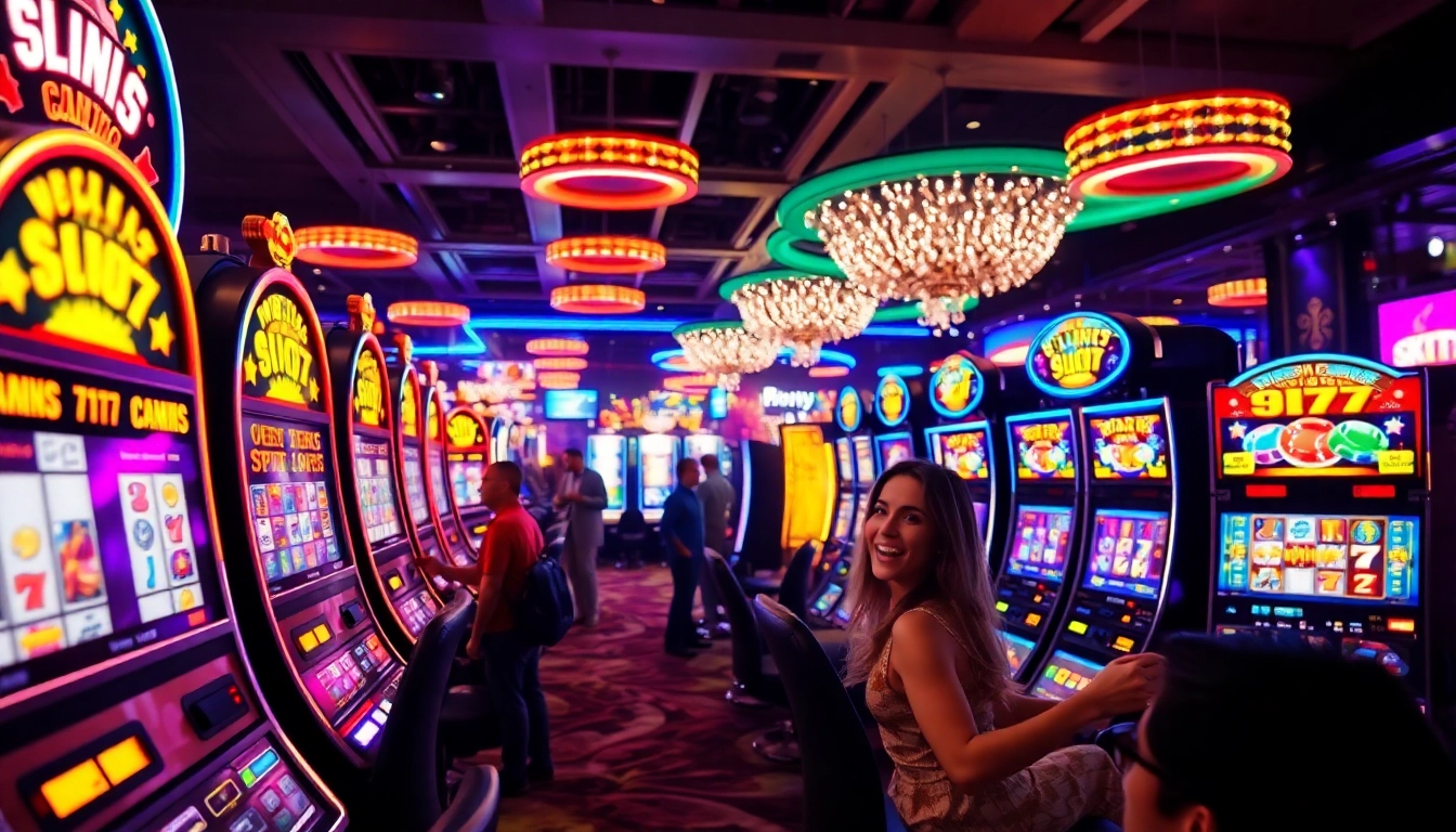 Engaged players enjoying the thrill of slot777 machines in a vibrant casino atmosphere.