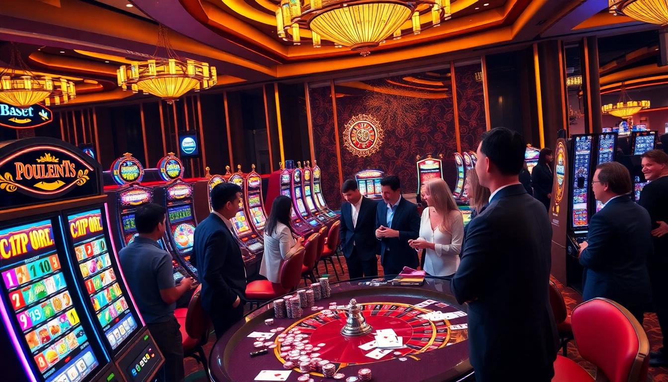 Engaging slot community discussing strategies near colorful slot machines
