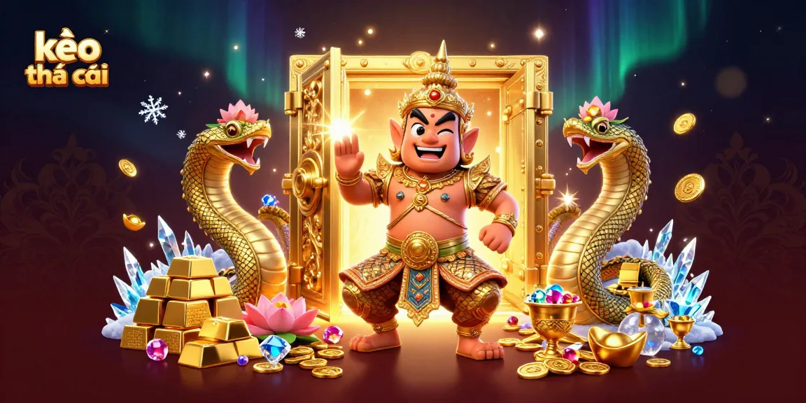 Engage with kèo nhà cái amidst a vibrant 3D scene featuring a golden guardian and sparkling treasures.
