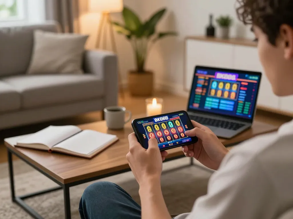 Player using BK888 mobile casino app for immersive online slot gaming in a cozy living room.