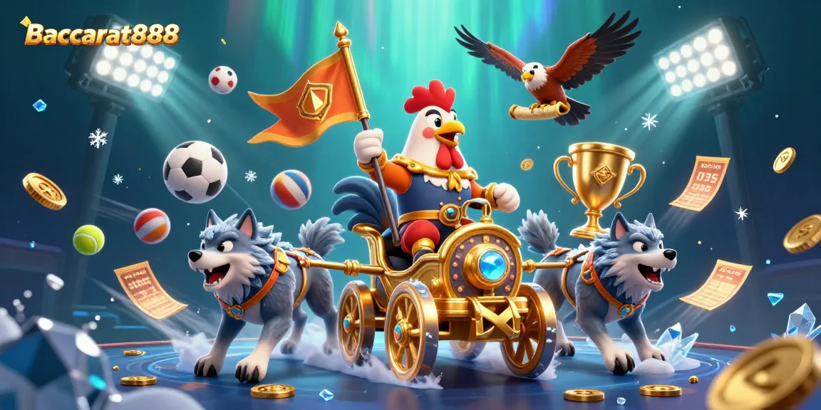 Baccarat888 offers exciting gameplay with a vibrant scene of a rooster warlord in a chariot, engaging in dynamic sports action.
