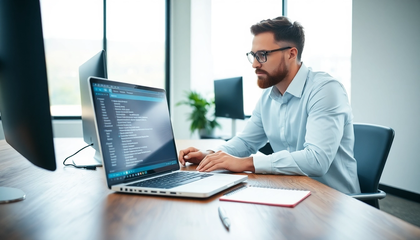 Provide efficient computer help at a modern workspace with a technician assisting a client.