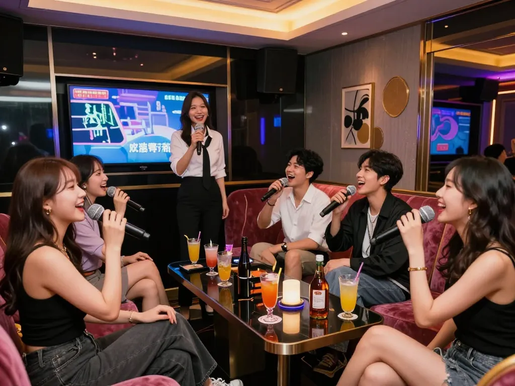 Enjoying the upscale karaoke experience at https://www.gangnamtune.com, friends laughing and singing in a stylish private room.