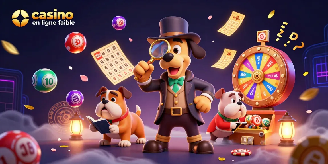 Illustration festive de casino en ligne fiable avec un détective cartoon et des éléments de jeux de loterie.