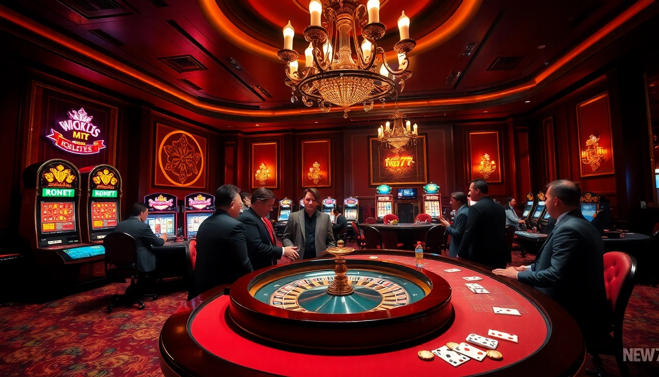 Experience the thrill of new77 with high-stakes roulette and slot machines in a luxurious casino.