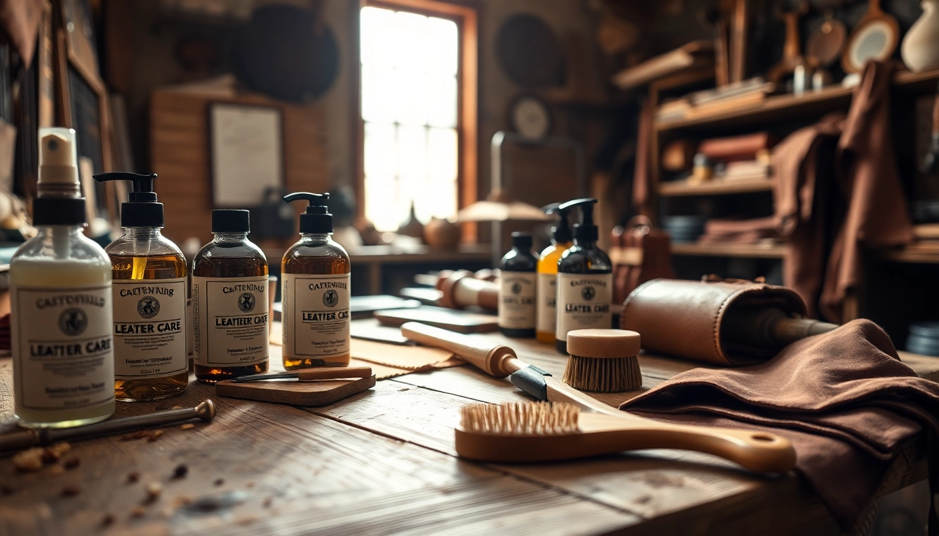 Museum-grade leather care products arranged on a wooden table showcasing premium leather conditioning.