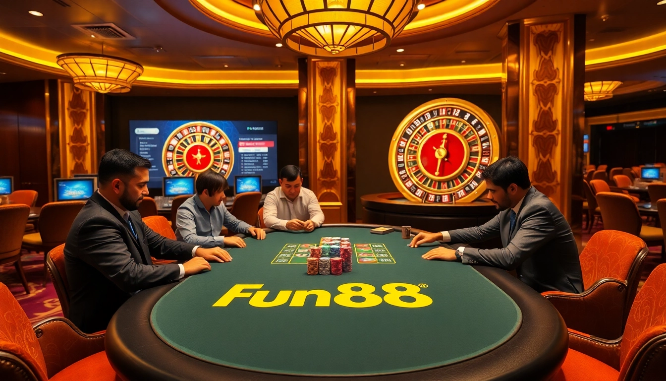 Experience the thrill of Fun88 with a stylish poker scene featuring vibrant gaming elements.