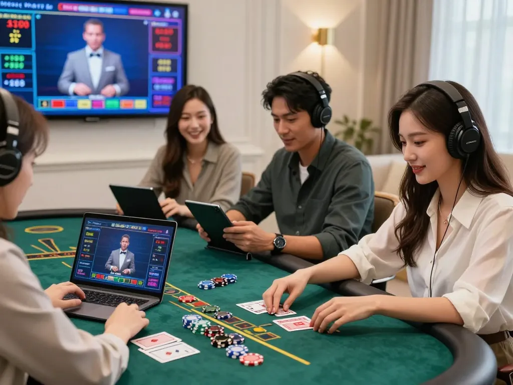 Engaging online baccarat experience with diverse players enjoying virtual gaming on various devices.