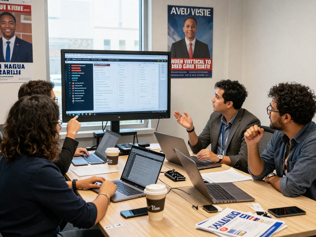 Engaging team meeting at a political media buying agency analyzing voter data for campaign strategy.