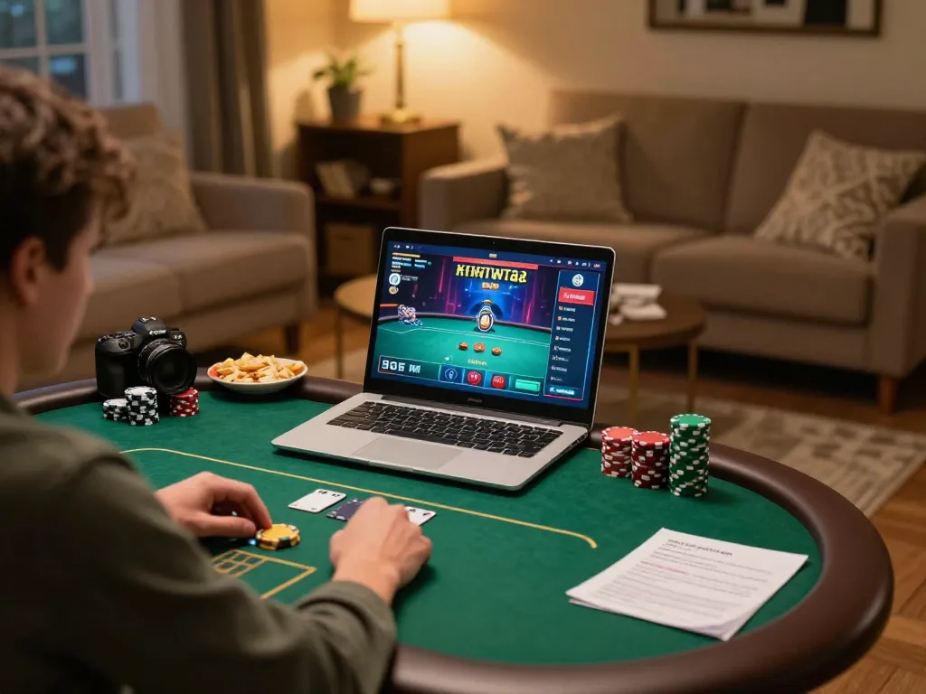 Engaging in online poker with mm88pc in a cozy home gaming setup, showcasing strategy and comfort.