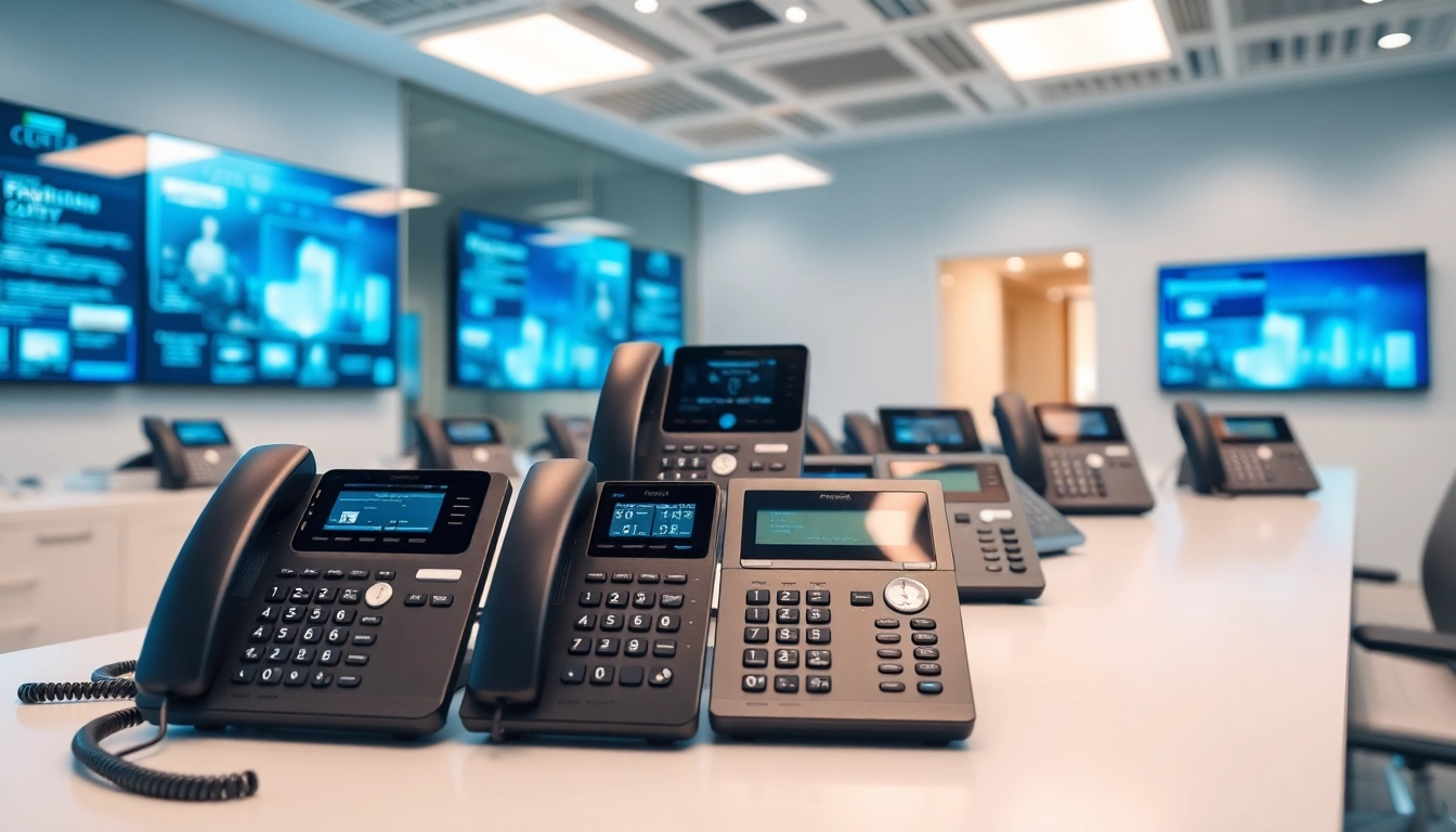 Explore various telephone systems showcasing advanced designs and features in a modern office.