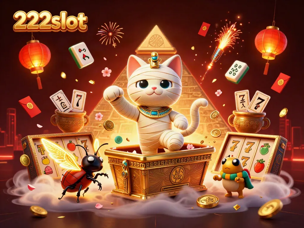 Gali kemenangan maksimal di 222slot dengan mumi kucing dan simbol slot yang berkilau.