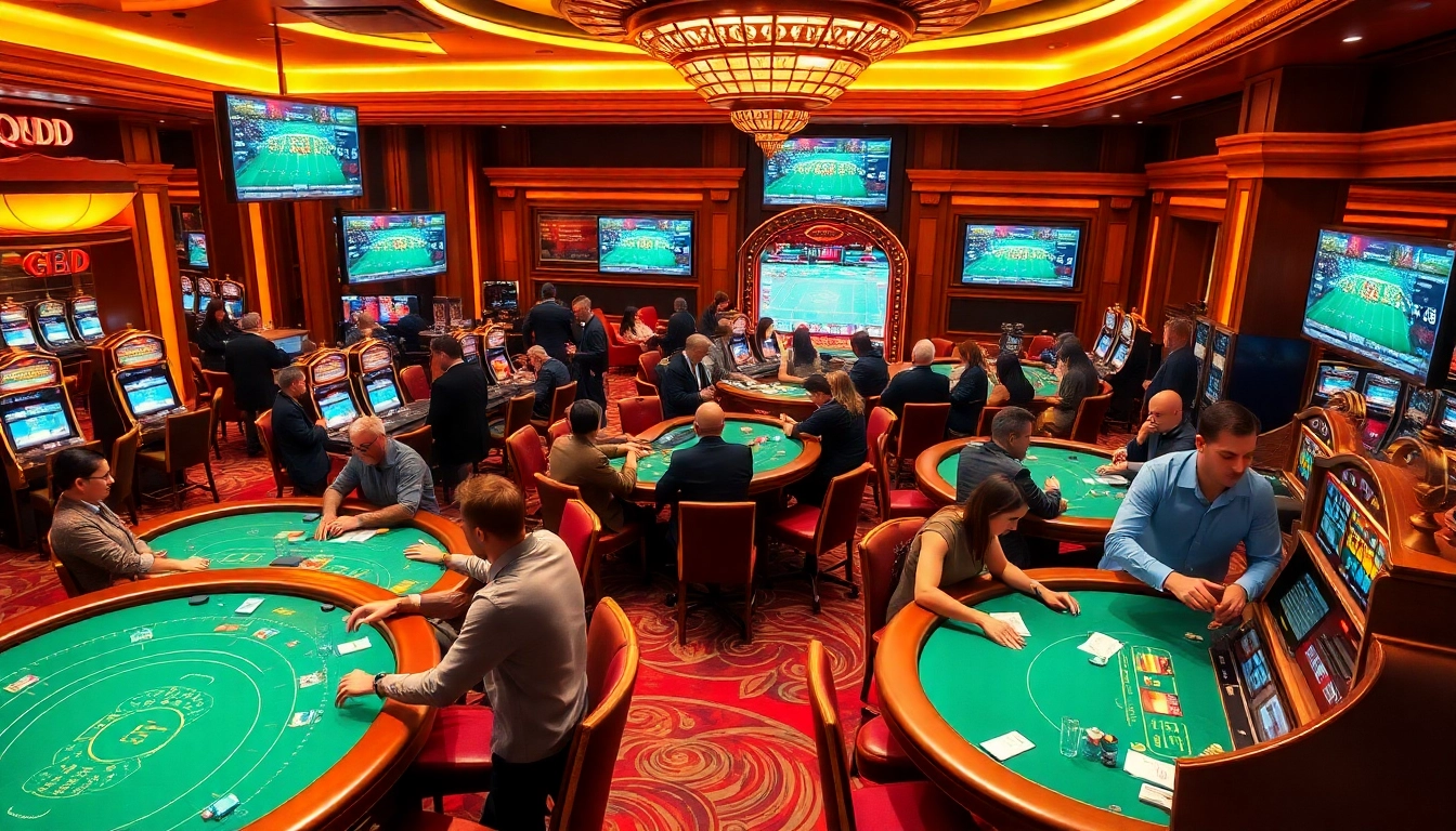Engaging gambling scene featuring KQBD updates with excited players at a luxurious casino.